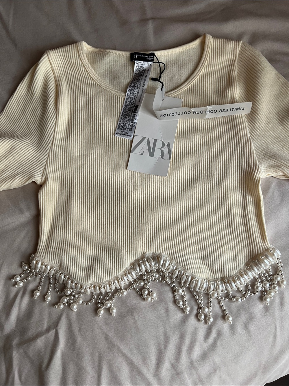 Zara Cream Pearl-Embellished Ribbed Crop Top